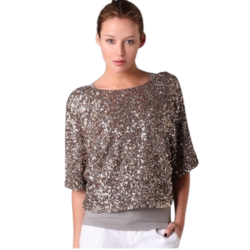 Sequined Boatneck Dolman Top in Champagne